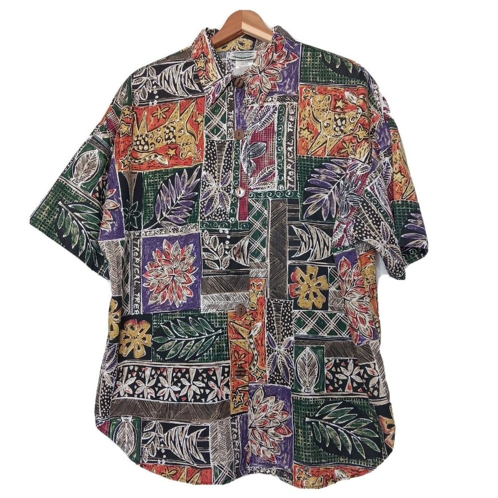 Vintage Seperate Issue Large Blouse Short Sleeve Shirt Tropical Beach Safari Cat